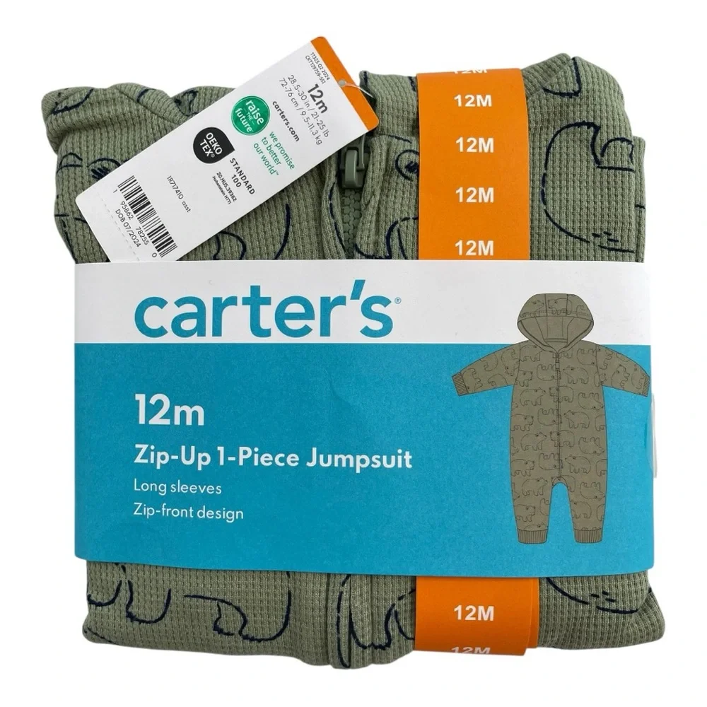 Carter's Zip Up 1 Piece Jumpsuit Green Bear Print Size 12M NWT - Picture 1 of 4